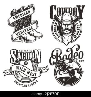 Vintage wild west emblems with cowboy head in hat and scarf horseshoe ribbon around cowboy boots rider and horse in monochrome style isolated vector i Stock Vector