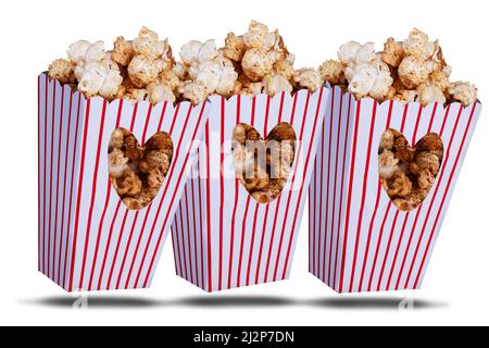 Love popcorn concept with three popcorn boxes with love heart coutout on a white background Stock Photo