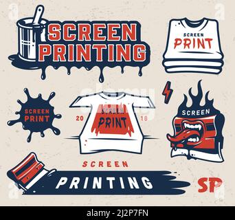 Screen printing colorful concept with inscriptions shirts paint blot squeegees brush in bucket can in vintage style isolated vector illustration Stock Vector