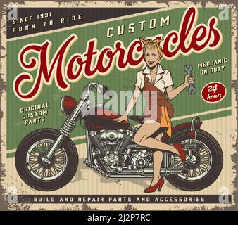 https://l450v.alamy.com/450v/2j2p7rc/vintage-colorful-motorcycle-custom-service-template-with-pin-up-lady-in-uniform-standing-near-chopper-vector-illustration-2j2p7rc.jpg