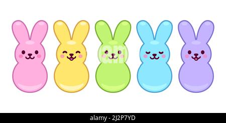 Marshmallow bunnies set, cute rabbit shaped Easter candy. Kawaii cartoon vector illustration. Stock Vector