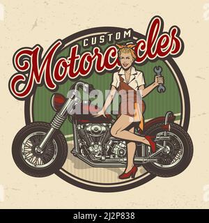 Vintage colorful motorcycle repair service logo with pin up pretty woman holding wrench and standing near chopper isolated vector illustration Stock Vector
