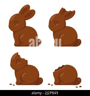 Cute chocolate bunny being eaten: with a little bite, then ear and head bitten off. Traditional Easter treat, isolated vector illustration. Stock Vector