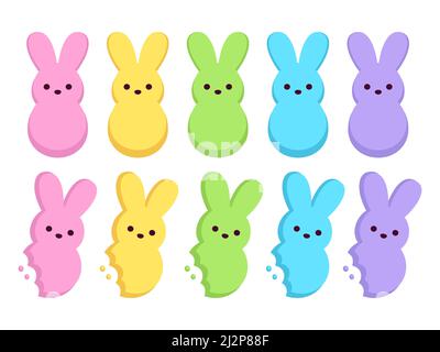 Marshmallow bunnies set, cute rabbit shaped Easter candy. Simple cartoon vector illustration. Stock Vector