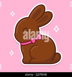 Chocolate bunny drawing. Cute rabbit with pink bow, traditional Easter treat vector illustration. Stock Vector