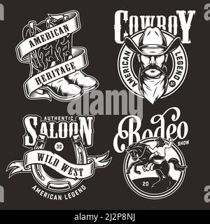 Monochrome wild west labels with cowboy and rodeo vintage emblems and prints isolated vector illustration Stock Vector