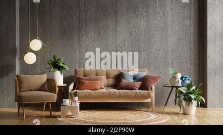 Loft style house with sofa and armchair in the room behind the concrete wall.3d rendering Stock Photo