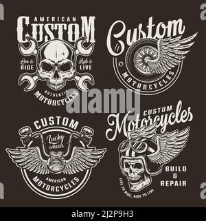 Vintage monochrome custom motorcycle logos with motorcyclist skulls crossed wrenches winged wheel helmet and chopper steering wheel isolated vector il Stock Vector
