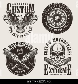 Vintage custom motorcycle badges set with eagle sitting on moto steering wheel crossed spark plugs skull and motorbike wheel isolated vector illustrat Stock Vector