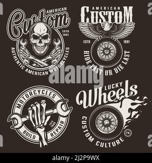 Monochrome custom motorcycle emblems with skull eagle moto wheels skeleton hands holding wrenches in vintage style isolated vector illustration Stock Vector