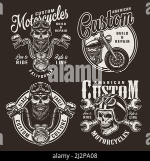 Vintage custom motorcycle logos with biker and motorcyclist skulls in helmets motorbike and crossed wrenches on dark background isolated vector illust Stock Vector