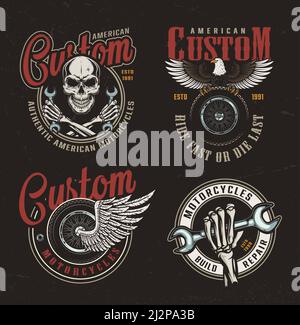Vintage custom motorcycle colorful labels with skull crossed wrenches eagle and winged motorbike wheel isolated vector illustration Stock Vector