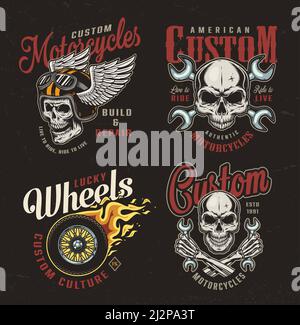 Vintage motorcycle colorful emblems with motorcyclist skulls crossed wrenches fiery motorbike wheel winged moto helmet isolated vector illustration Stock Vector
