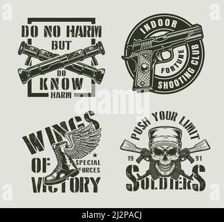 Vintage monochrome military labels with crossed bazookas handgun winged army boot soldier skull and assault rifles isolated vector illustration Stock Vector