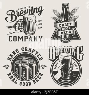 Vintage monochrome brewery prints with metal cans bottle barley ears male hands holding beer mug and glass isolated vector illustration Stock Vector