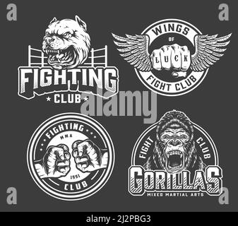 Monochrome vintage fighting logos with bumping and winged male fists boxing ring aggressive gorilla and dog heads isolated vector illustration Stock Vector