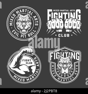 Vintage mixed martial arts prints with angry dog heads fighter fists and strong male arm in monochrome style isolated vector illustration Stock Vector