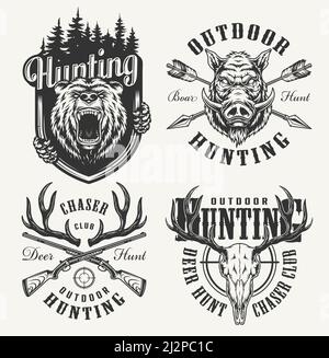 Vintage monochrome hunting club logotypes with angry boar and bear heads deer skull horns crossed arrows and guns isolated vector illustration Stock Vector