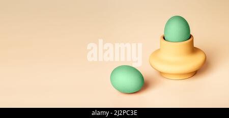 Banner with green dyed Easter eggs in cup, server or holder on beige background in natural, modern style. Celebration of religious holiday concept. Copy space. High quality photo Stock Photo