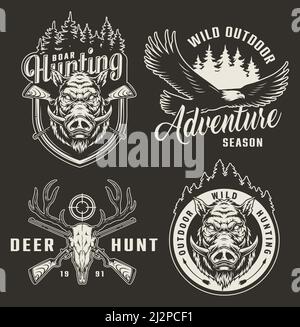 Vintage monochrome hunting logotypes with flying eagle boar heads deer skull crossed guns rifle aim forest silhouette isolated vector illustration Stock Vector