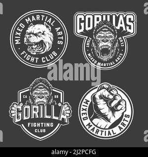 Vintage fight club emblems with male fist aggressive gorillas and dog heads in monochrome style isolated vector illustration Stock Vector