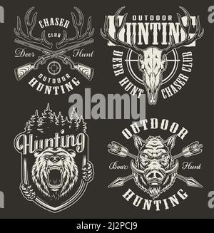Vintage hunting prints with bear and hog heads deer skull horns rifle aim crossed guns and arrows in monochrome style isolated vector illustration Stock Vector