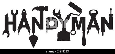 Handyman services vector design for your logo or emblem with set of workers tools. There are wrench, screwdriver, hammer, pliers, soldering iron, scra Stock Vector