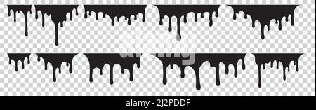 Set of  ten black melt, drips or liquid paint drops. Vector illustration for your design. Stock Vector