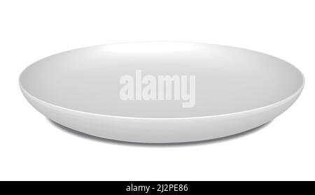 Realistic vector 3d illustration of white empty ceramic plate, template for your design. Front view, closeup isolated on white background. Stock Vector