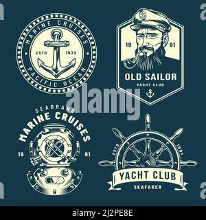 Vintage nautical logos collection with anchor sailor smoking pipe diver helmet ship wheel in monochrome style isolated vector illustration Stock Vector