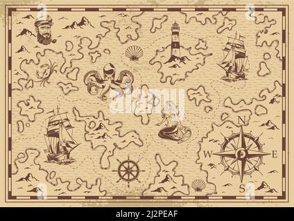 Illustration of a vintage treasure map and compass, featuring vibrant ...