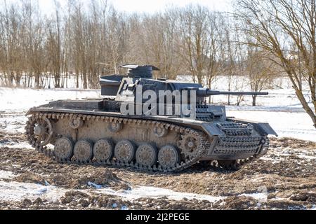 St. Petersburg, Russia - March, 2022: Tank Panzer III (Panzerkampfwagen III or Pz.Kpfw. III) at the tank range. Military park Steel landing in Krasnoy Stock Photo