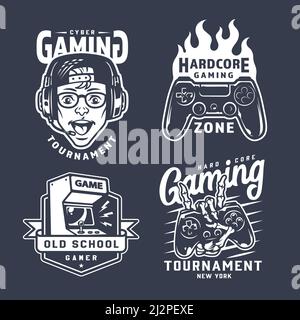 Vintage monochrome gaming emblems set with gamer in headphones fiery joystick retro arcade game machine skeleton hand holding gamepad isolated vector Stock Vector