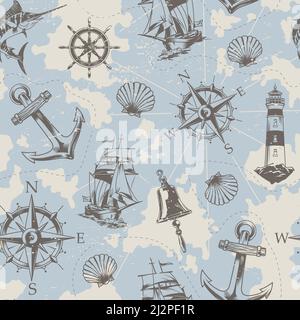 Vintage nautical elements seamless pattern with swordfish ship bell wheel anchor lighthouse seashell navigational compass vector illustration Stock Vector