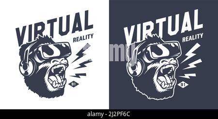 Vintage gaming monochrome print design with angry gorilla in virtual reality headset isolated vector illustration Stock Vector