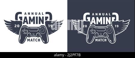 Winged gamepad or joystick emblem in vintage monochrome style isolated vector illustration Stock Vector