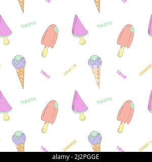 Seamless pattern with watermelon ice cream, popsicle and horn. Doodle style with lettering Choose your taste.  Stock Vector