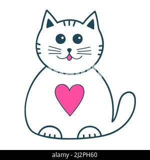 White fluffy cat with a pink heart, doodle style vector character. Stock Vector