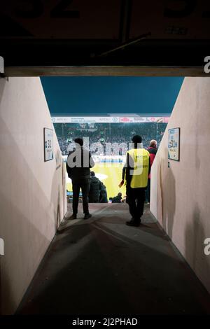 the view into the football stadium of FC Hansa Rostock from the stands Stock Photo