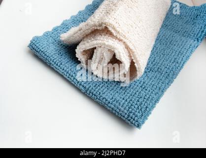 Close-up of two microfiber cleaning cloths, top view. Lying flat, a copy of the space. Stock Photo