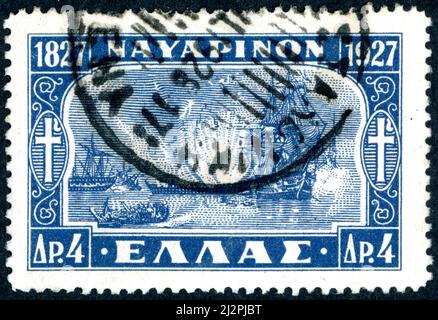 GREECE - CIRCA 1927: A stamp printed in Greece, dedicated to the centenary of the Navarino Naval Battle, circa 1927 Stock Photo
