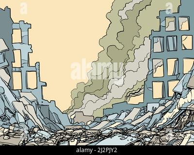 A city destroyed by war, smoking ruins of buildings. Ukraine, Europe humanitarian crisis. Pop Art Retro Vector Illustration 50s 60s Kitsch Vintage Sty Stock Vector