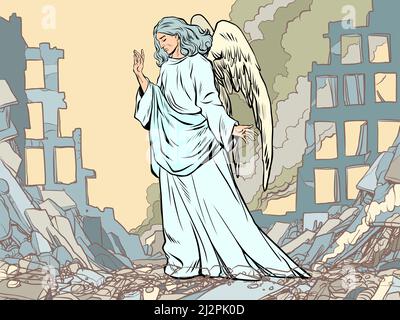 An angel in the middle of the ruins of a burning city. The war is the death of civilians. Humanitarian crisis. Pop Art Retro Vector Illustration 50s 6 Stock Vector
