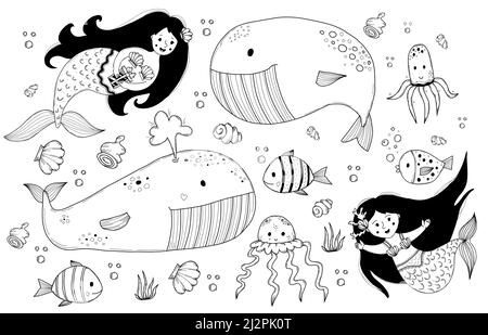 set of mythical women and sea animals. Cute mermaid, whale and sperm whale, fish, jellyfish, seaweed and shells. vector outline illustrations, in styl Stock Vector
