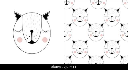 Cute Hand Drawn Sleeping Bear.  Pink Highlights. Simple Childish Style Vector Poster. Lovely Nursery Art. Dreaming White Bear. Grey Sketched Cute Bear Stock Vector