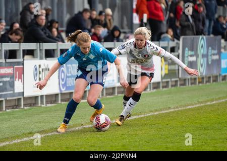 Dartford, UK. 03rd Apr, 2022. Amy Rodgers (8 London City Lionesses) beats Lois Heuchan (25 Charlton) on the touchline during the FA Womens Championship game between London City Lionesses and Charlton at Princes Park in Dartford, England. Sam Mallia/SPP Credit: SPP Sport Press Photo. /Alamy Live News Stock Photo