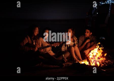 This is the feeling of freedom. Shot of a group of friends sitting around a bonfire on the beach at night. Stock Photo