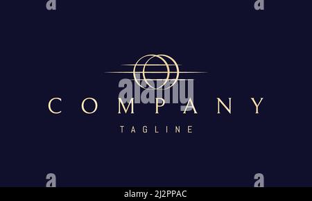 Vector golden logo on which an abstract image of two intersecting spheres with three horizontal lines. Stock Vector