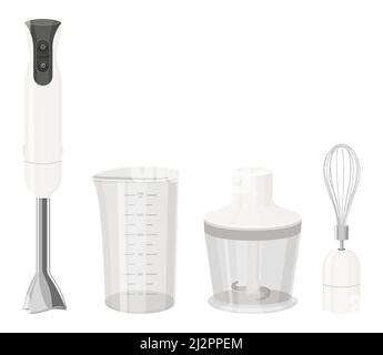 Blender, Food Processor And Whisk Tools Set Vector. Immersion Blender Measuring Cup And Container With Cut Sharp Blade. Chef Electronic Appliance For Stock Vector