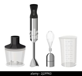 Blender, Food Processor And Whisk Tools Set Vector. Immersion Blender Measuring Cup And Container With Cut Sharp Blade. Chef Electronic Appliance For Stock Vector